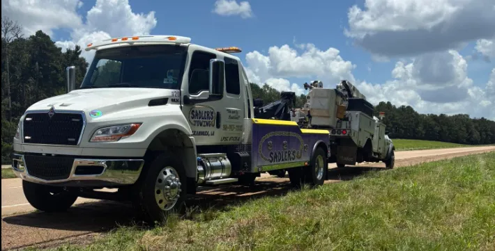 Sadler's Towing wrecker towing a service truck on the highway